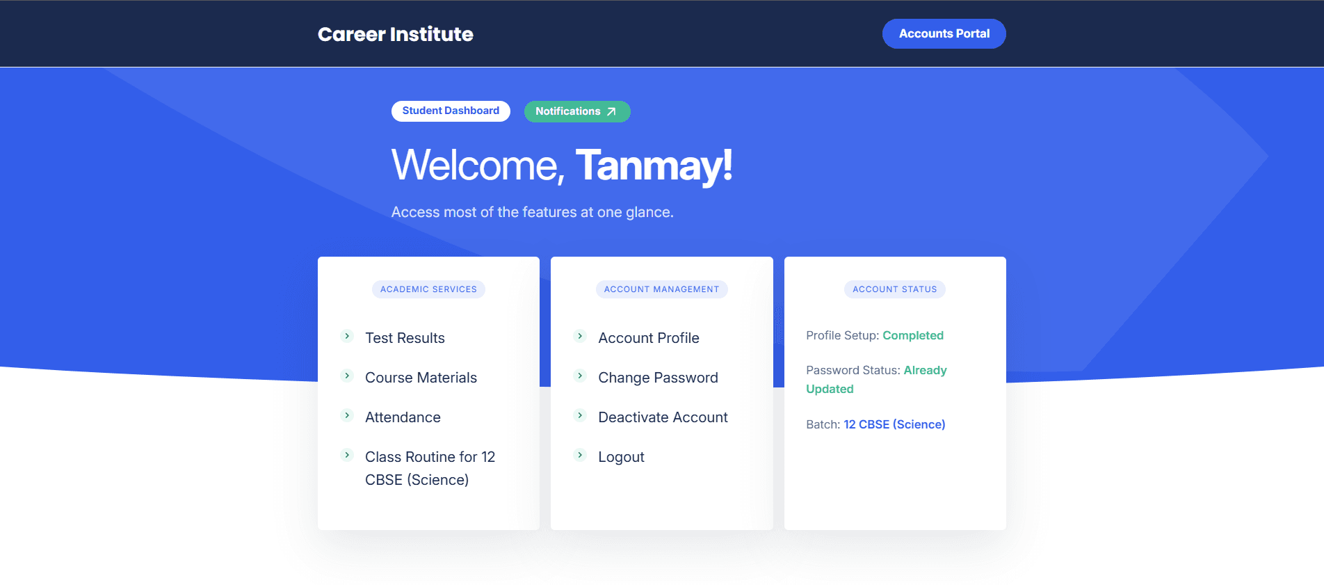 Student account dashboard